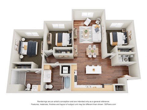 Floor plan for 3 beds, 2 baths, 1174 sqft